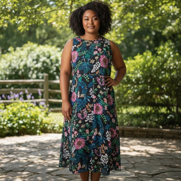 Tommy Hilfiger Dresses & Skirts - Tommy Hilfiger Black Floral Chiffon Sleeveless Zip Trapeze Dress 12 boho No Belt